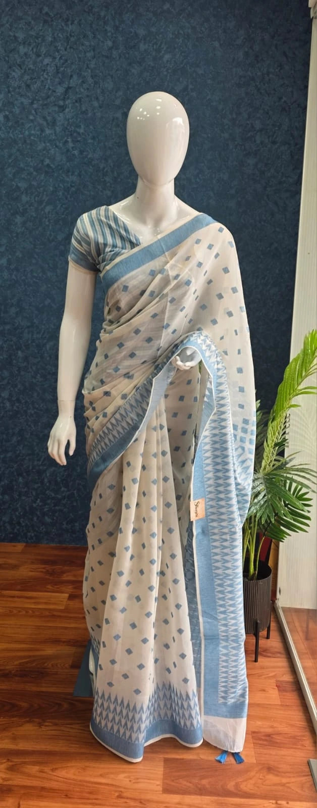 Jamdani cotton - White and Blue
