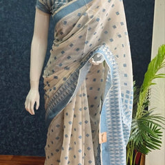 Jamdani White  Blue Cotton Saree