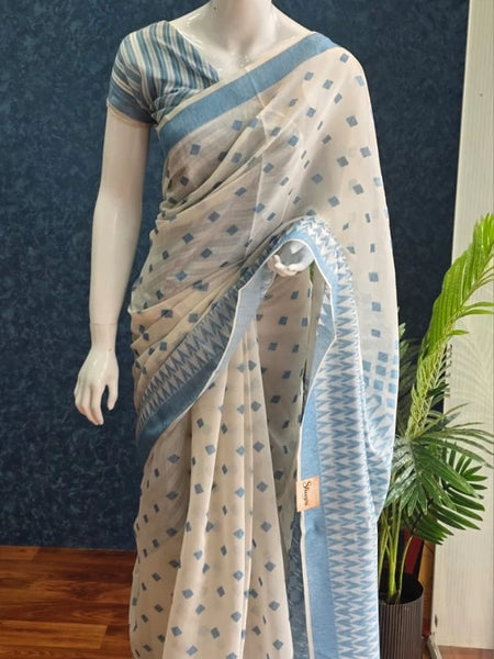 Jamdani White  Blue Cotton Saree