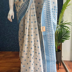 Jamdani White  Blue Cotton Saree