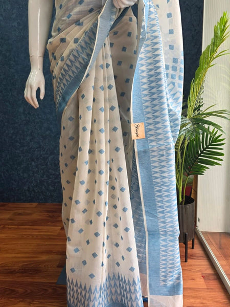 Jamdani White  Blue Cotton Saree