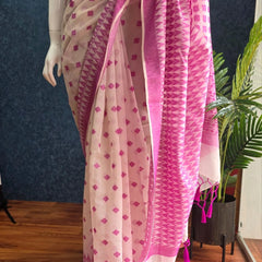 Jamdani White Pink Cotton Saree