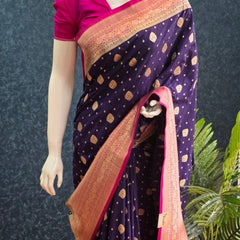 Contrast Purple Pink Banarasi Crepe Saree