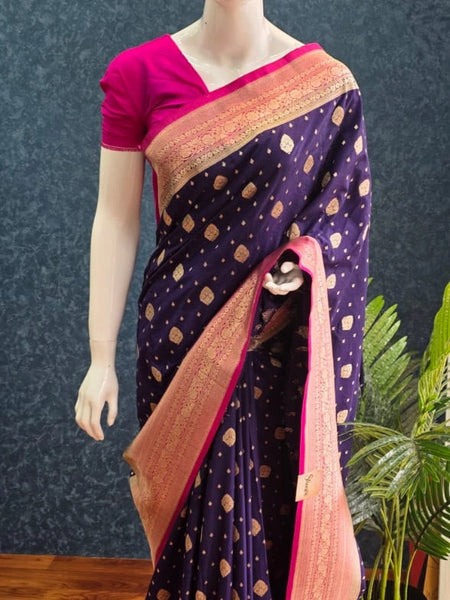 Contrast Purple Pink Banarasi Crepe Saree