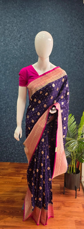 Contrast Purple Pink Banarasi Crepe Saree