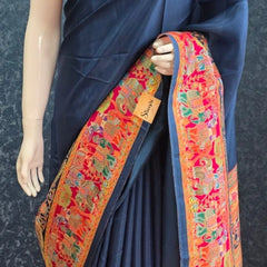 Brocade Blouse Dark Blue Kani Silk Saree