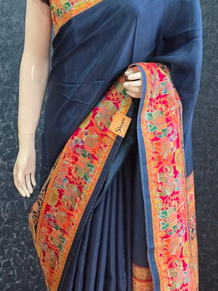 Brocade Blouse Dark Blue Kani Silk Saree