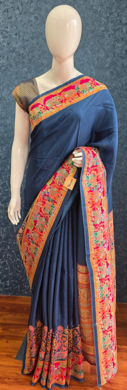 Brocade Blouse Dark Blue Kani Silk Saree