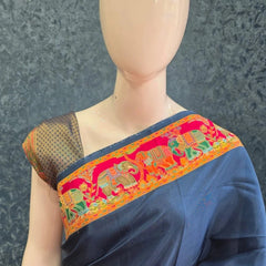 Brocade Blouse Dark Blue Kani Silk Saree