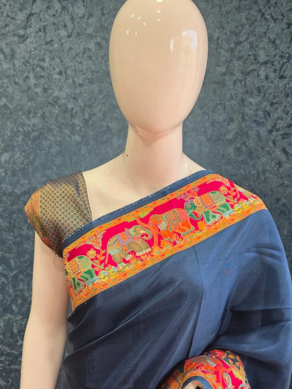 Brocade Blouse Dark Blue Kani Silk Saree