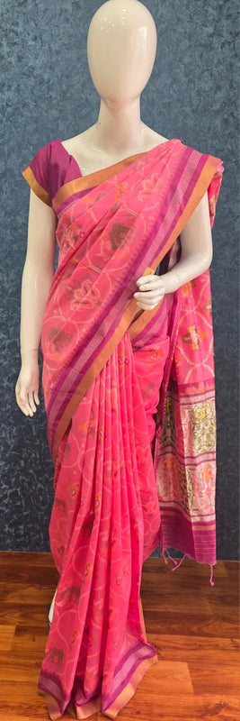Jamdani Pink Purple Ikkat Saree