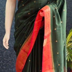 Contrast Butta Bottle Green Pink Semi Silk Saree