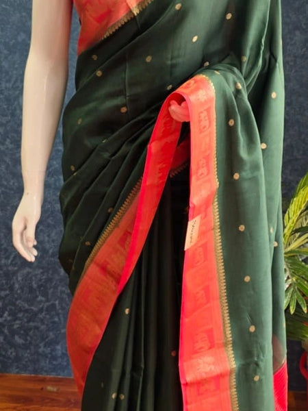 Contrast Butta Bottle Green Pink Semi Silk Saree