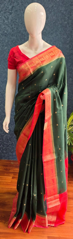 Contrast Butta Bottle Green Pink Semi Silk Saree