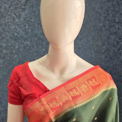 Contrast Butta Bottle Green Pink Semi Silk Saree
