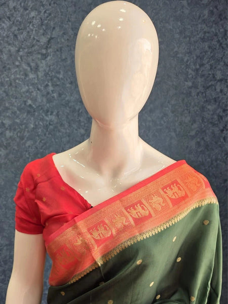 Contrast Butta Bottle Green Pink Semi Silk Saree