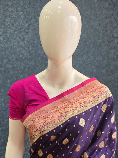 Contrast Purple Pink Banarasi Crepe Saree
