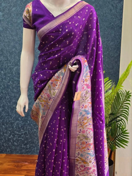 Bandhani  Purple Tussar Silk Saree