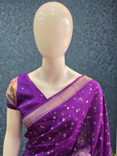 Bandhani  Purple Tussar Silk Saree