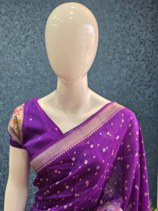 Bandhani  Purple Tussar Silk Saree