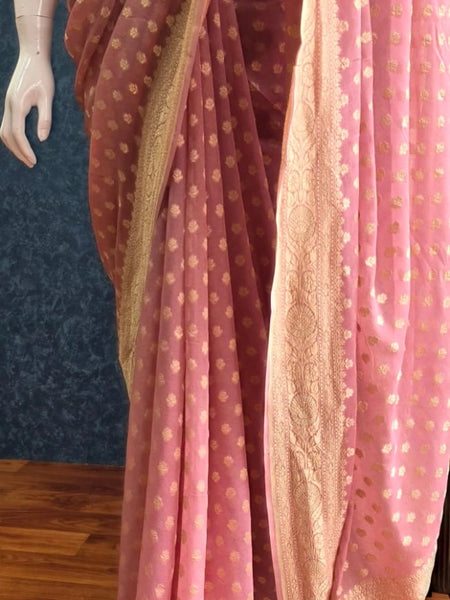 Pastel Pink Khaddi Gorgette  Pure Banarasi Saree