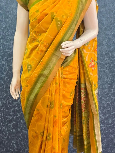 Jamdhani Yellow Green Ikkat Saree