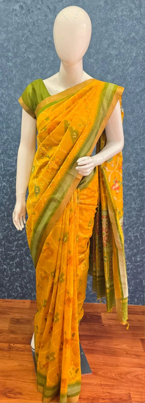 Jamdhani Yellow Green Ikkat Saree