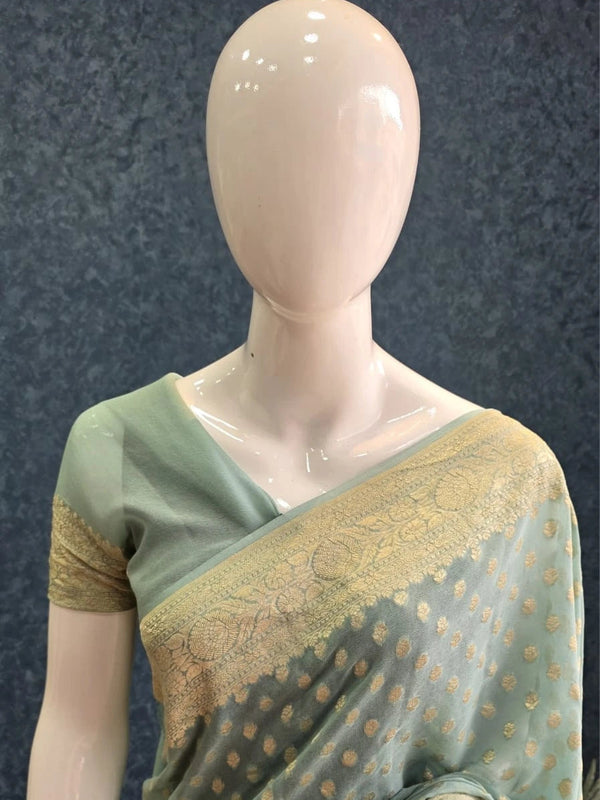 Khaddi Gorgette Powder Blue Pure  Banarasi Saree