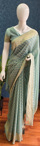 Khaddi Gorgette Powder Blue Pure  Banarasi Saree