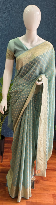 Khaddi Gorgette Powder Blue Pure  Banarasi Saree