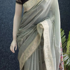 Contrast Ice Blue Linen Saree