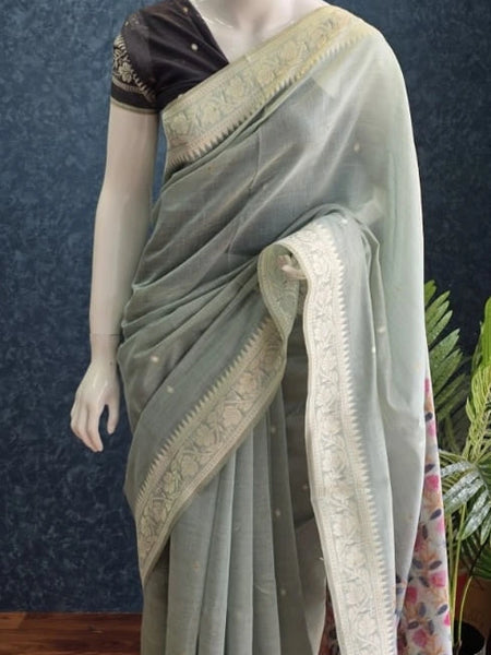 Contrast Ice Blue Linen Saree