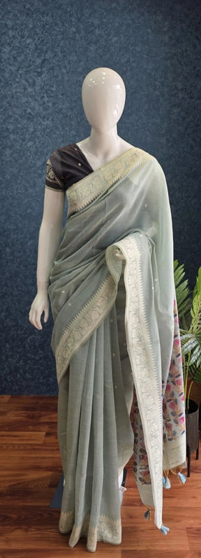 Contrast Ice Blue Linen Saree