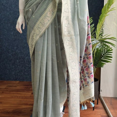 Contrast Ice Blue Linen Saree