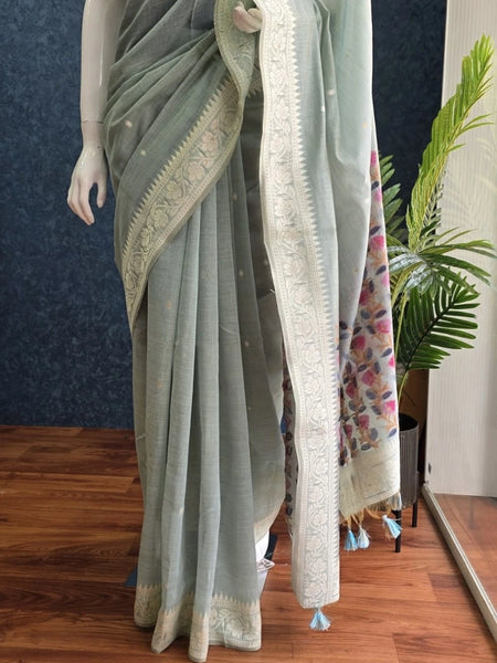 Contrast Ice Blue Linen Saree