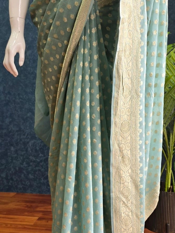 Khaddi Gorgette Powder Blue Pure  Banarasi Saree