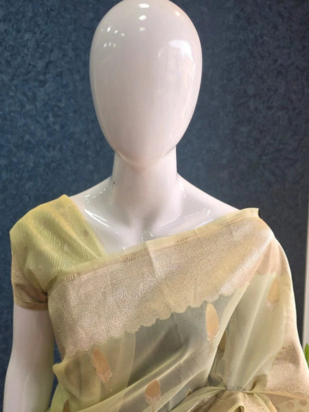 Kora Organza Light Pista Green Banarasi Saree