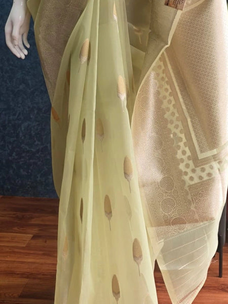 Kora Organza Light Pista Green Banarasi Saree