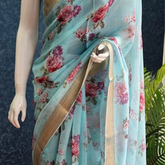 Floral Sky Blue Pure Organza Silk Saree