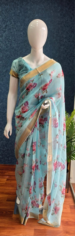 Floral Sky Blue Pure Organza Silk Saree