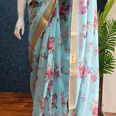 Floral Sky Blue Pure Organza Silk Saree