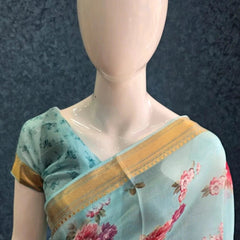 Floral Sky Blue Pure Organza Silk Saree