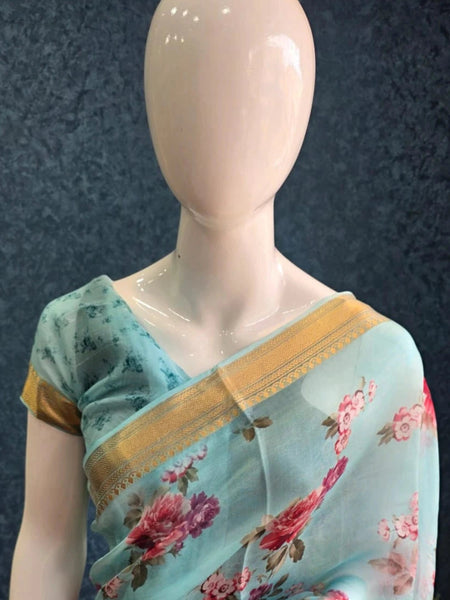 Floral Sky Blue Pure Organza Silk Saree