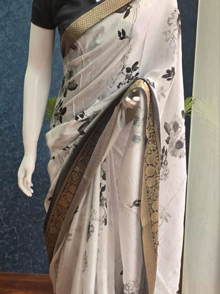 Contrast White and black Chiffon Saree