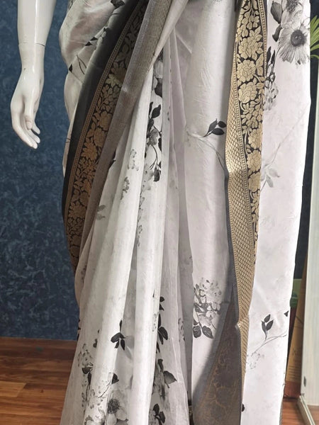 Contrast White and black Chiffon Saree