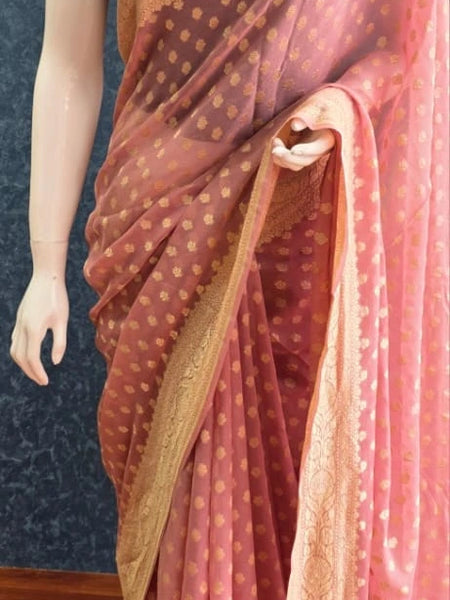 Pastel Pink Khaddi Gorgette  Pure Banarasi Saree