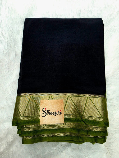 Half & Half Black Green Semi Mysore Crepe Silk Saree