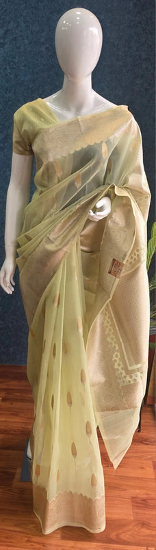 Kora Organza Light Pista Green Banarasi Saree