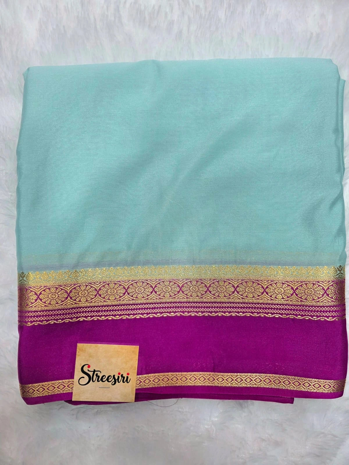 Mysore crepe bentex border - light blue & pink border