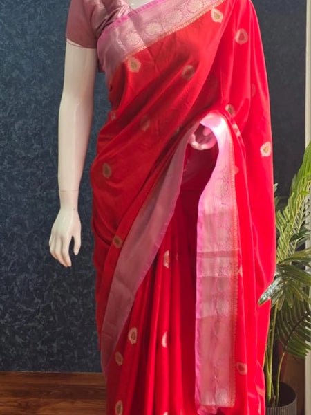 Contrast Red Pink Semi Silk Saree